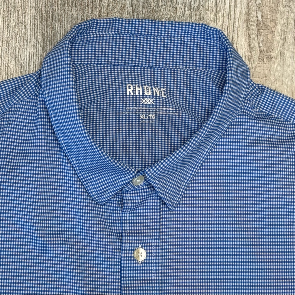 RHONE Men’s Commuter Short Sleeve Shirt Classic Gingham Blue size XL